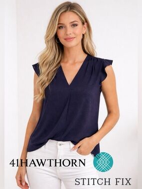 👚🩵🌺41 Hawthorn Navy Blue & Black Flutter Sleeve– Small – V-Neck Blouse